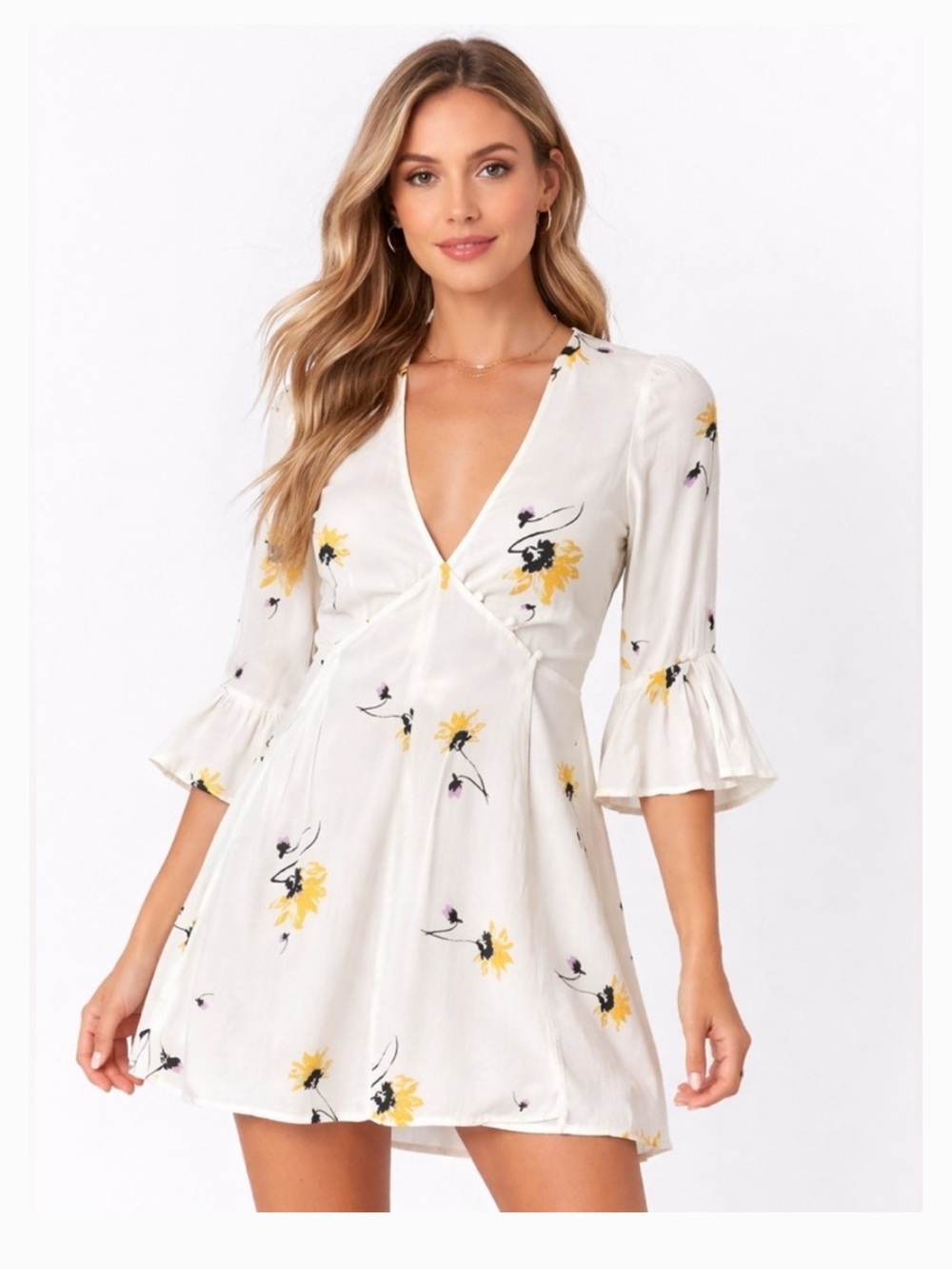Free People L Floral V-Neck Mini Dress in White with Yellow Print